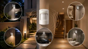 Sensor de presença instalado em ambiente residencial moderno com iluminação automatizada em áreas internas e externas.