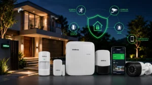 Sistema de alarme residencial inteligente com sensores, câmera de segurança, central de monitoramento e controle por aplicativo em uma casa moderna.