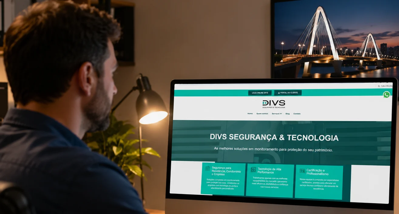 Pessoa pesquisando a melhor empresa de monitoramento 24h do Distrito Federal no site da DIVS Segurança & Tecnologia.