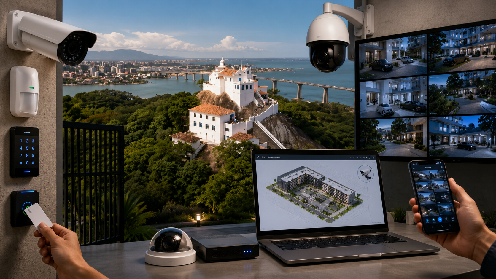 Sistema de segurança eletrônica em Vila Velha com câmeras CFTV, controle de acesso e monitoramento integrado próximo ao Convento da Penha.